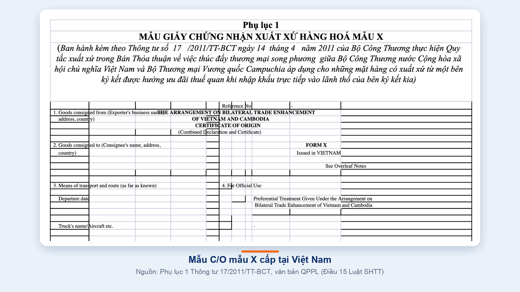 Mặt trước mẫu C/O mẫu X trống theo Phụ lục 1 Thông tư 17/2011/TT-BCT, gồm ô người xuất khẩu, người nhận hàng, phương tiện vận tải