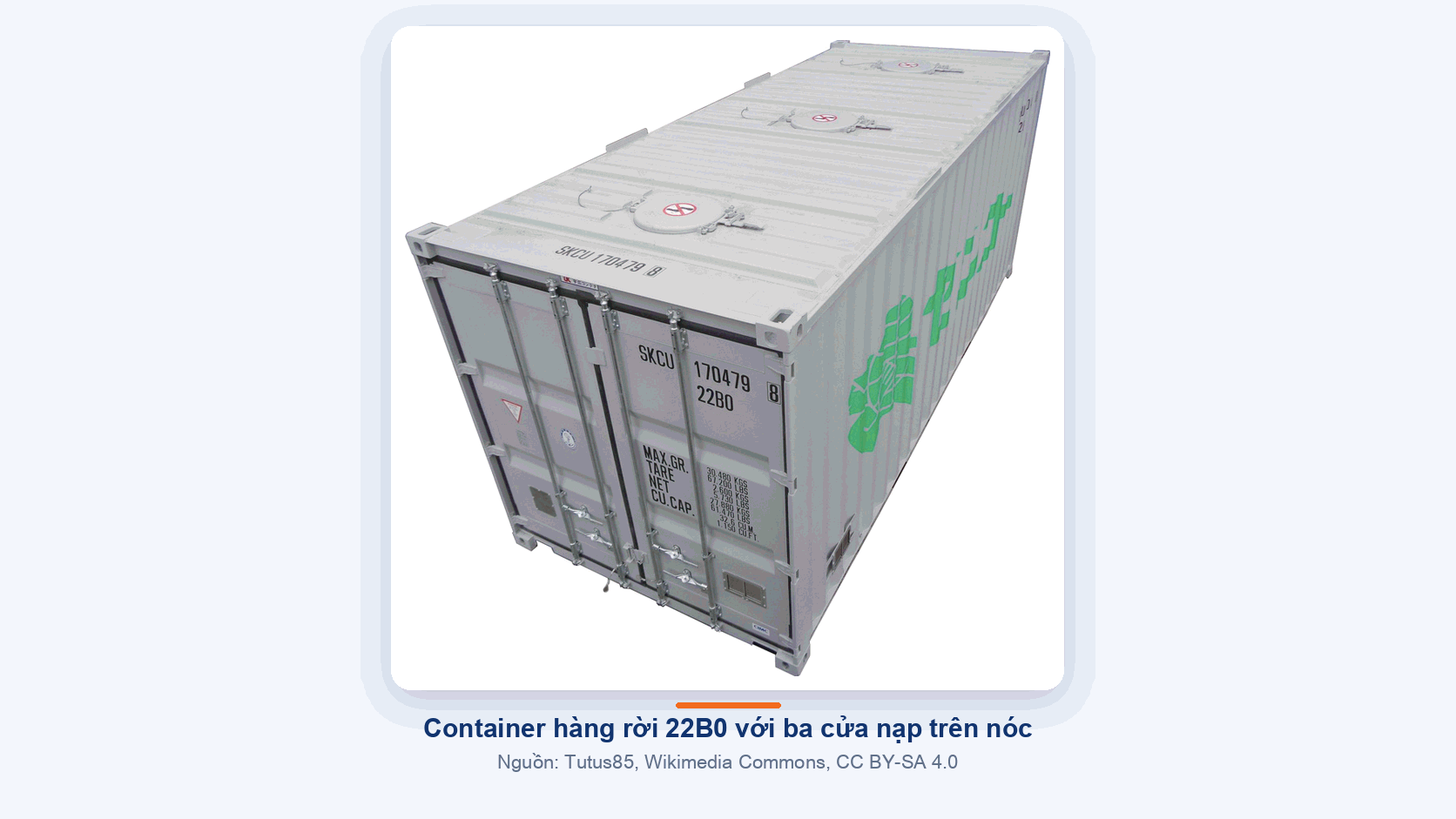 Container hàng rời 20 feet mã 22B0 thực tế với ba cửa nạp tròn trên nóc và thông số trên cửa