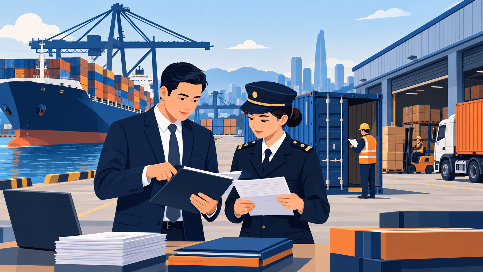 Minh họa chuyên viên logistics rà soát hồ sơ và phối hợp thông quan