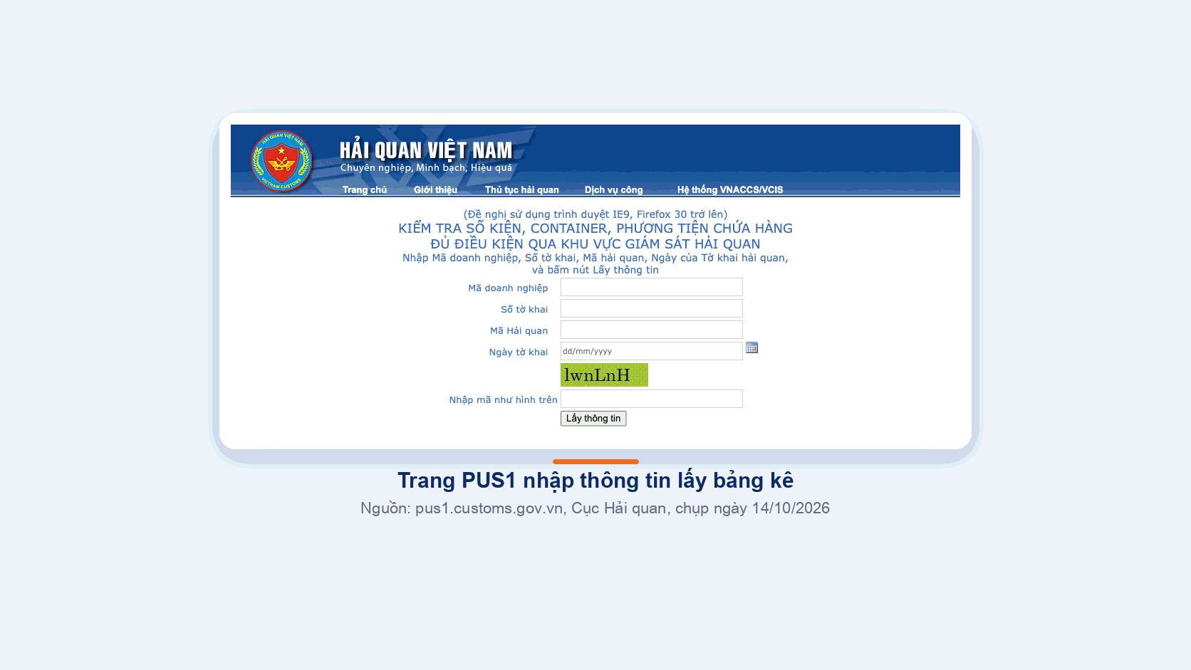 Trang PUS1 của Cục Hải quan nhập số tờ khai, mã hải quan để lấy bảng kê mã vạch
