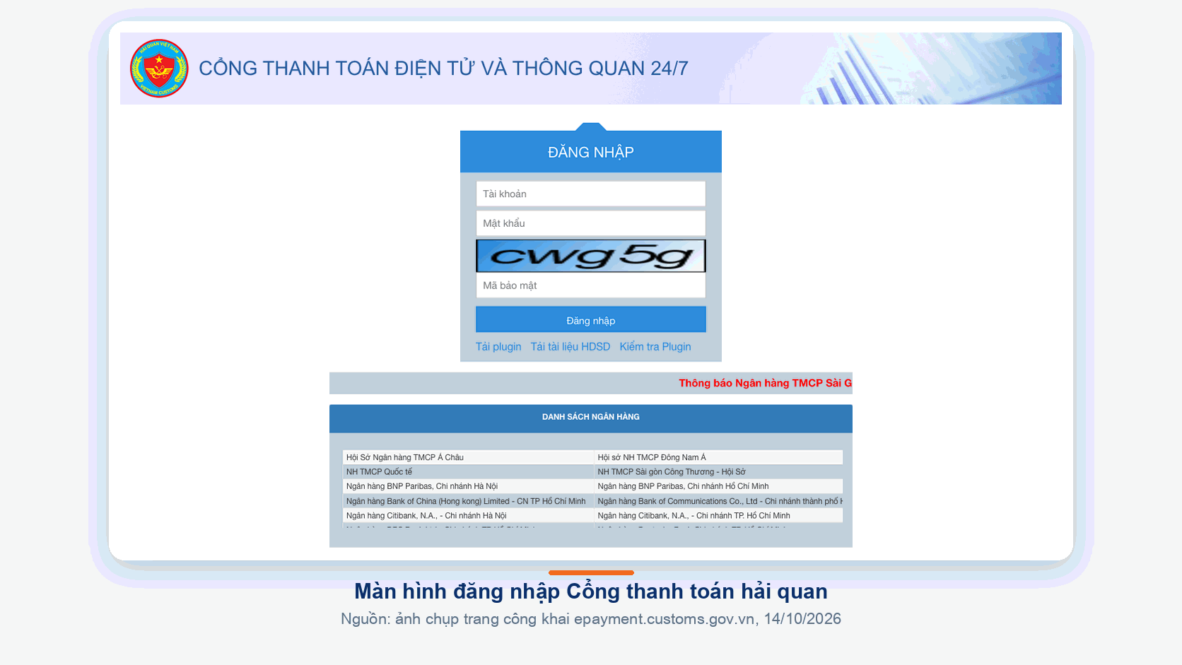 Màn hình đăng nhập Cổng thanh toán điện tử hải quan epayment.customs.gov.vn và danh sách ngân hàng