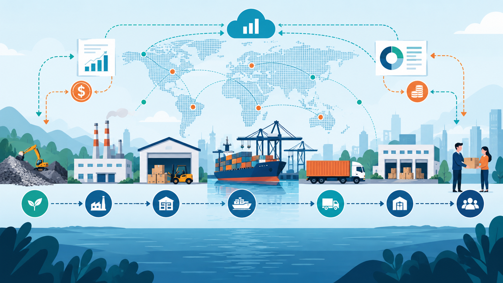 Minh họa vai trò logistics quốc tế và hải quan trong chuỗi cung ứng