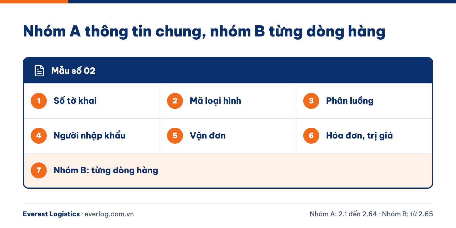 Bố cục tờ khai hải quan xuất khẩu VNACCS: sáu vùng nhóm A và nhóm B từng dòng hàng